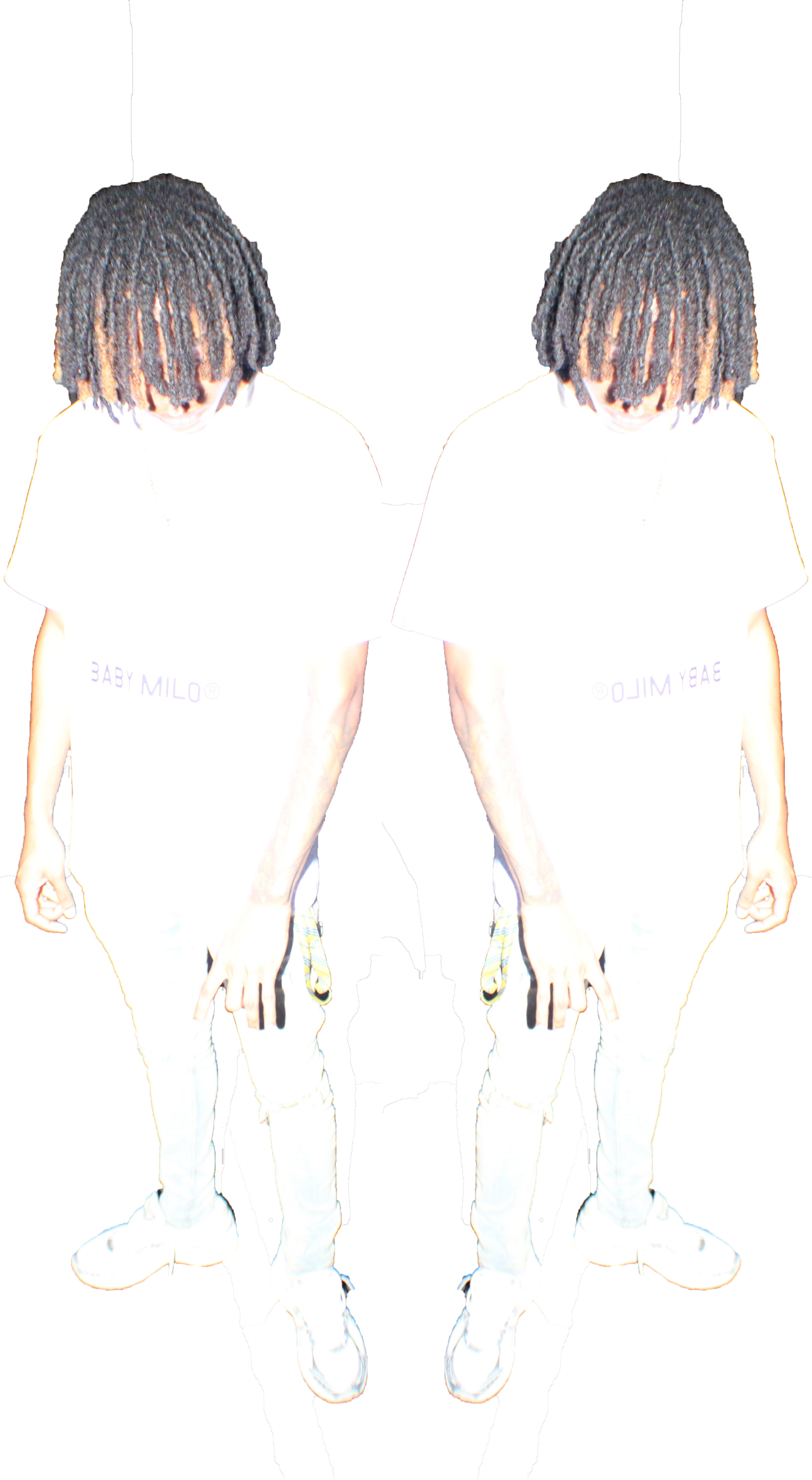 Mirrored portrait of a person duplicated side by side, photographed with bright, high-exposure lighting